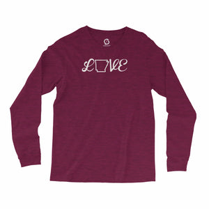 Eco-friendly, hand-printed, custom long sleeve t-shirt that’s super soft to the touch and features a love Arkansas graphic design