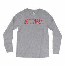 Load image into Gallery viewer, Eco-friendly, hand-printed, custom long sleeve t-shirt that’s super soft to the touch and features a Arkansas love graphic design