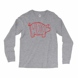 Eco-friendly, hand-printed, custom long sleeve t-shirt that’s super soft to the touch and features a Woo Pig Arkansas Razorbacks football graphic design