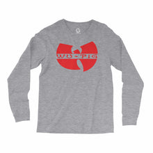 Load image into Gallery viewer, Eco-friendly, hand-printed, custom long sleeve t-shirt that’s super soft to the touch and features a Wu Tang Woo Pig Arkansas Razorbacks football graphic design