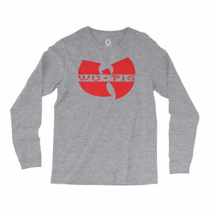 Eco-friendly, hand-printed, custom long sleeve t-shirt that’s super soft to the touch and features a Wu Tang Woo Pig Arkansas Razorbacks football graphic design