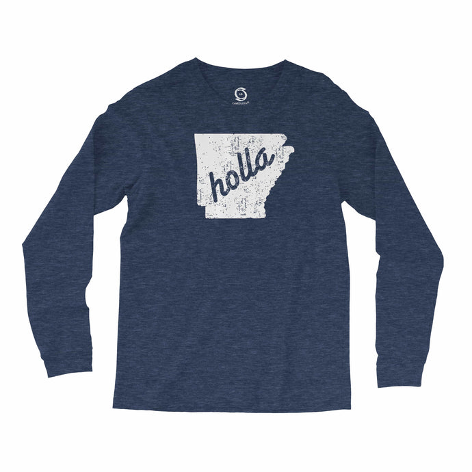 Eco-friendly, hand-printed, custom long sleeve t-shirt that’s super soft to the touch and features a Holla Arkansas graphic design