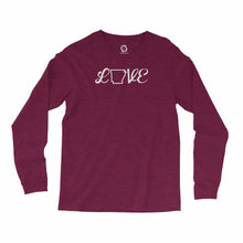 Load image into Gallery viewer, Eco-friendly, hand-printed, custom long sleeve t-shirt that’s super soft to the touch and features a love Arkansas graphic design