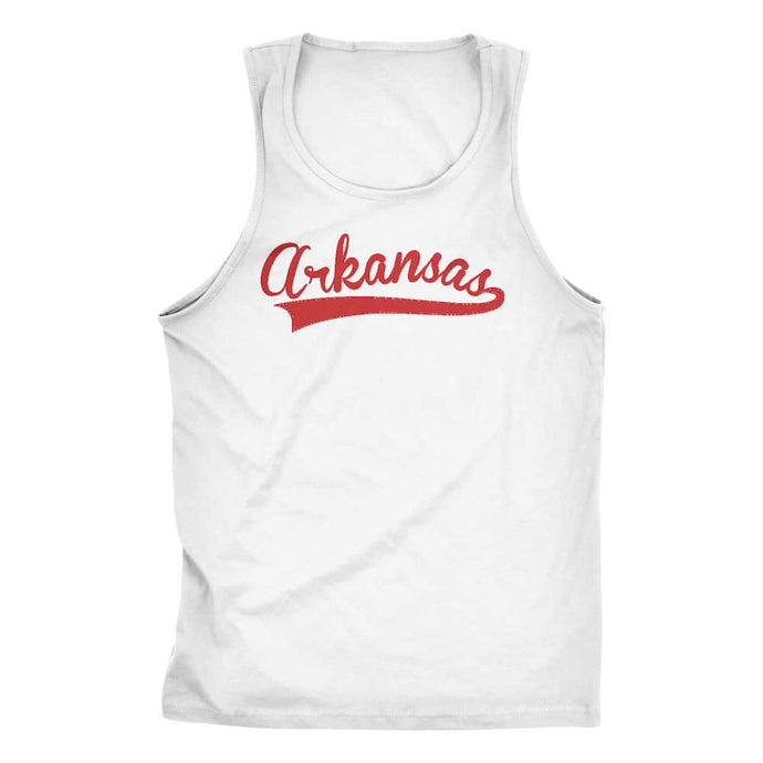 Eco-friendly, hand-printed custom racer back tank that’s super soft to the touch and features a Arkansas stitch Arkansas Razorbacks baseball graphic design