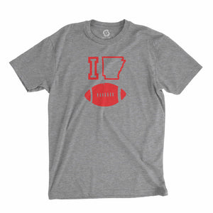 Eco-friendly, hand-printed custom t-shirt that’s super soft to the touch and features a I love Arkansas Razorbacks football design