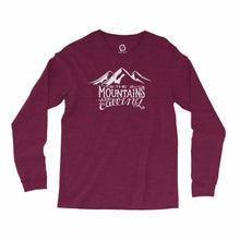 Load image into Gallery viewer, Eco-friendly, hand-printed, custom long sleeve t-shirt that’s super soft to the touch and features the mountains are calling John Muir graphic design