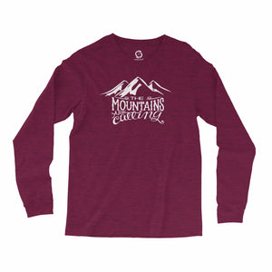Eco-friendly, hand-printed, custom long sleeve t-shirt that’s super soft to the touch and features the mountains are calling John Muir graphic design