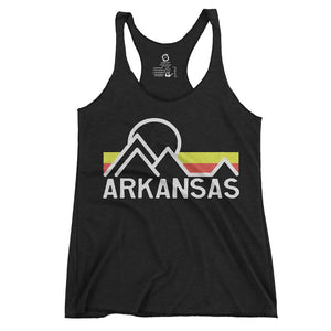 Eco-friendly, hand-printed custom racer back tank that’s super soft to the touch and features a graphic retro Arkansas design