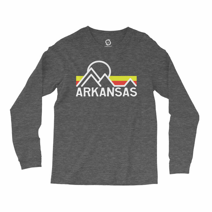 Eco-friendly, hand-printed, custom long sleeve t-shirt that’s super soft to the touch and features a Retro Arkansas graphic design