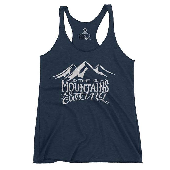 Eco-friendly, hand-printed custom racer back tank that’s super soft to the touch and features a the mountains are calling John Muir graphic design