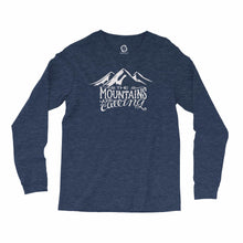 Load image into Gallery viewer, Eco-friendly, hand-printed custom super soft long sleeve t-shirt that’s super soft to the touch and features a The Mountains are Calling John Muir graphic design