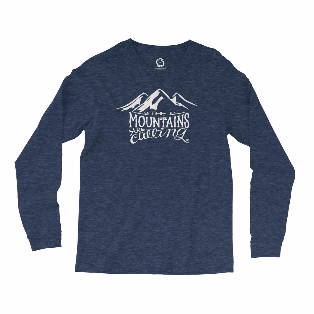 Eco-friendly, hand-printed custom super soft long sleeve t-shirt that’s super soft to the touch and features a The Mountains are Calling John Muir graphic design