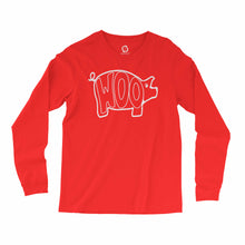 Load image into Gallery viewer, Eco-friendly, hand-printed, custom long sleeve t-shirt that’s super soft to the touch and features a WOOO pig Arkansas Razorbacks Football graphic design