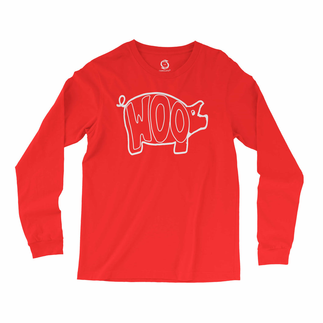 Eco-friendly, hand-printed, custom long sleeve t-shirt that’s super soft to the touch and features a WOOO pig Arkansas Razorbacks Football graphic design