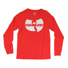 Load image into Gallery viewer, Eco-friendly, hand-printed, custom long sleeve t-shirt that’s super soft to the touch and features a Wu Tang pig Arkansas Razorbacks football graphic design