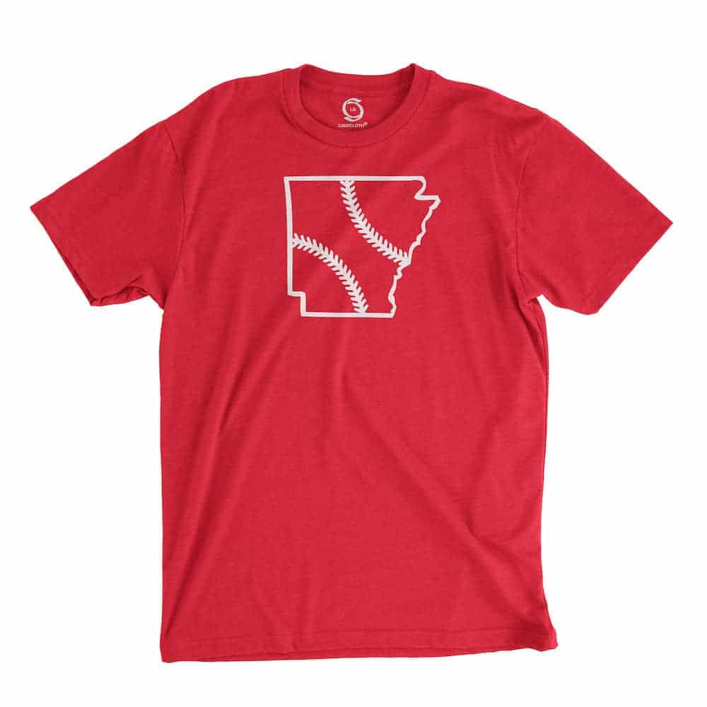 Eco-friendly, hand-printed custom t-shirt that’s super soft to the touch and features a Arkansas baseball graphic design