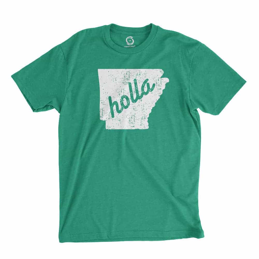 Eco-friendly, hand-printed custom t-shirt that’s super soft to the touch and features a Arkansas holly graphic design