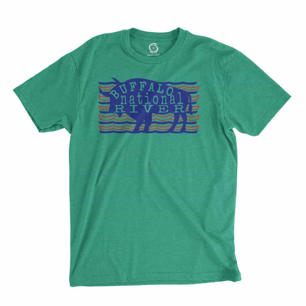 Eco-friendly, hand-printed custom t-shirt that’s super soft to the touch and features a Buffalo National River graphic design