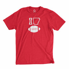 Load image into Gallery viewer, Eco-friendly, hand-printed custom t-shirt that’s super soft to the touch and features a I love Arkansas Razorbacks football design