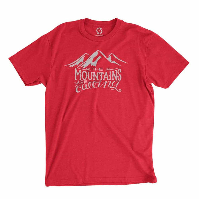 Eco-friendly, hand-printed custom t-shirt that’s super soft to the touch and features a The Mountains are Calling graphic design