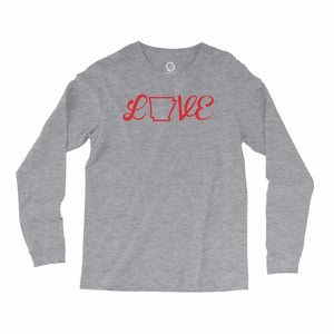 Eco-friendly, hand-printed, custom long sleeve t-shirt that’s super soft to the touch and features a Arkansas love graphic design