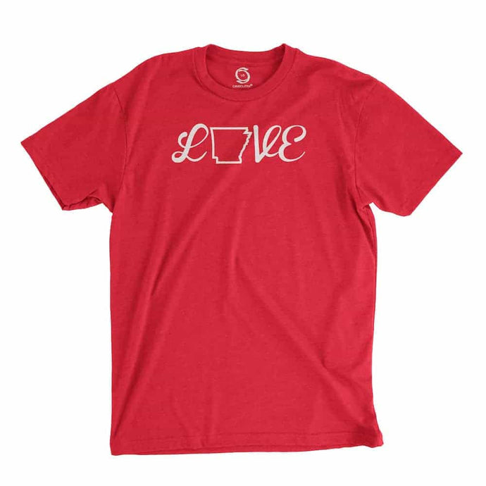 Eco-friendly, hand-printed custom t-shirt that’s super soft to the touch and features a love Arkansas graphic design